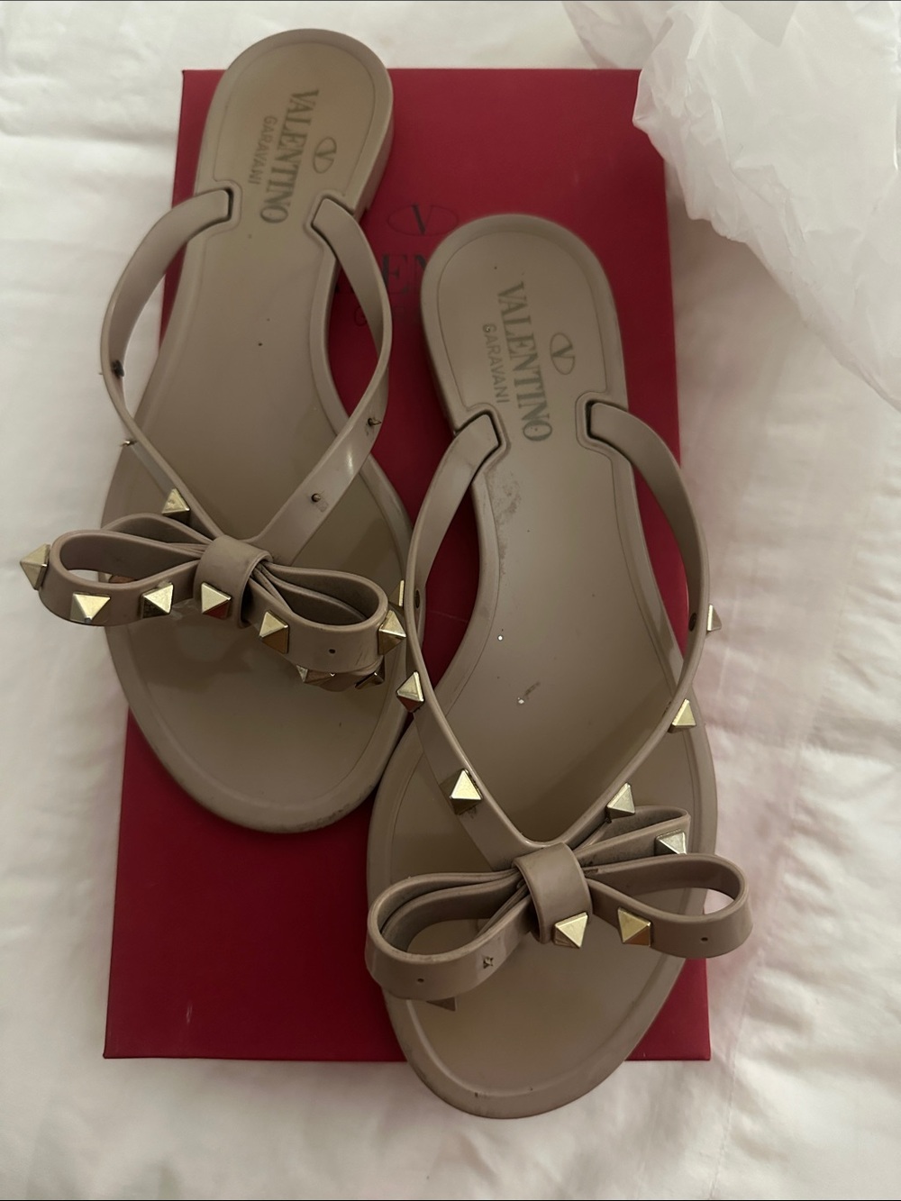Valentino Garavani Nude Bow Sandal Flip-Flops with Gold Studs